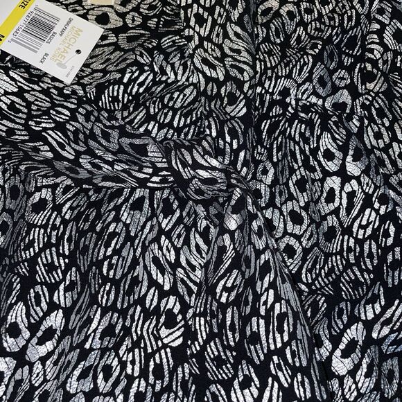 Michael Kors Black & Silver Shimmering Animal Print Blouse With Tie Size M NWT - Picture 7 of 10